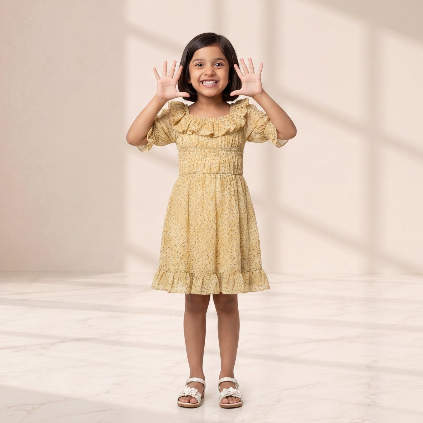 Young girl in a yellow dress standing in a softly lit room with a neutral background
