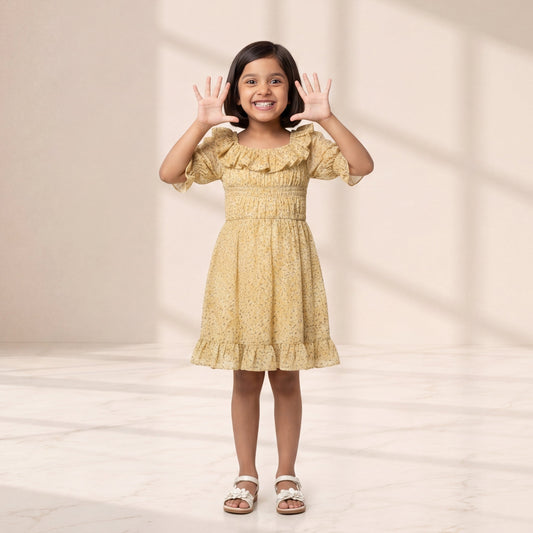 Young girl in a yellow dress standing in a softly lit room with a neutral background
