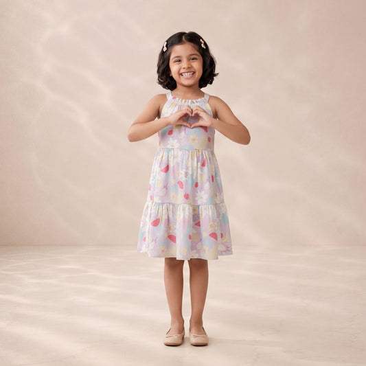Young girl in a colorful dress standing against a plain background
