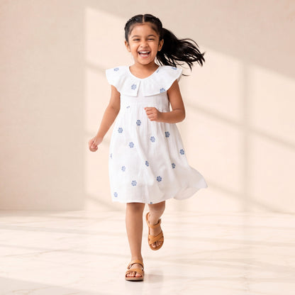 White Cotton Embroidered Dress With Ruffle Collar