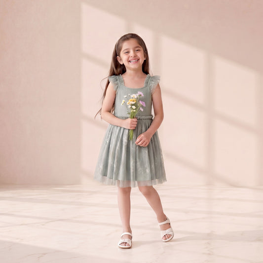 Sage Mist Floral Eyelash Lace Party Dress