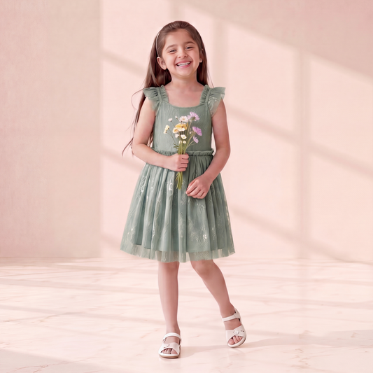 Sage Mist Floral Eyelash Lace Party Dress