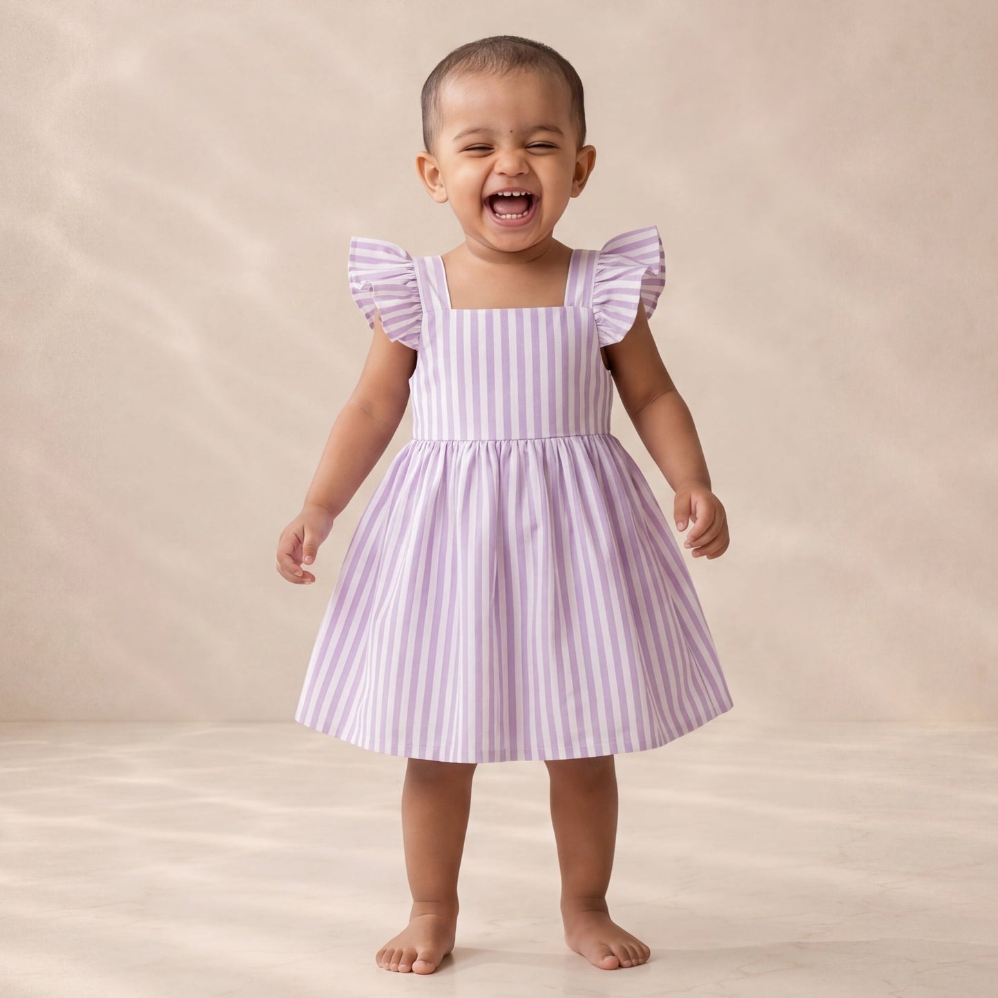 Lilac Ticking-Stripe Flutter-Sleeve Dress