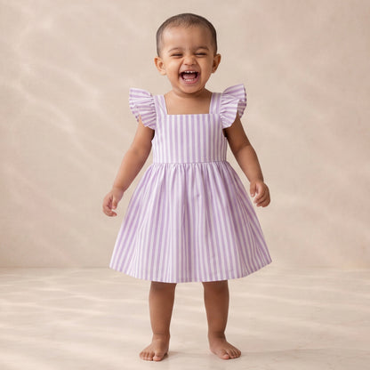 Lilac Ticking-Stripe Flutter-Sleeve Dress