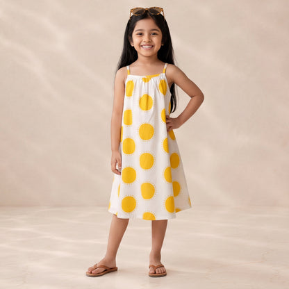 Young girl wearing a yellow polka dot dress against a beige background