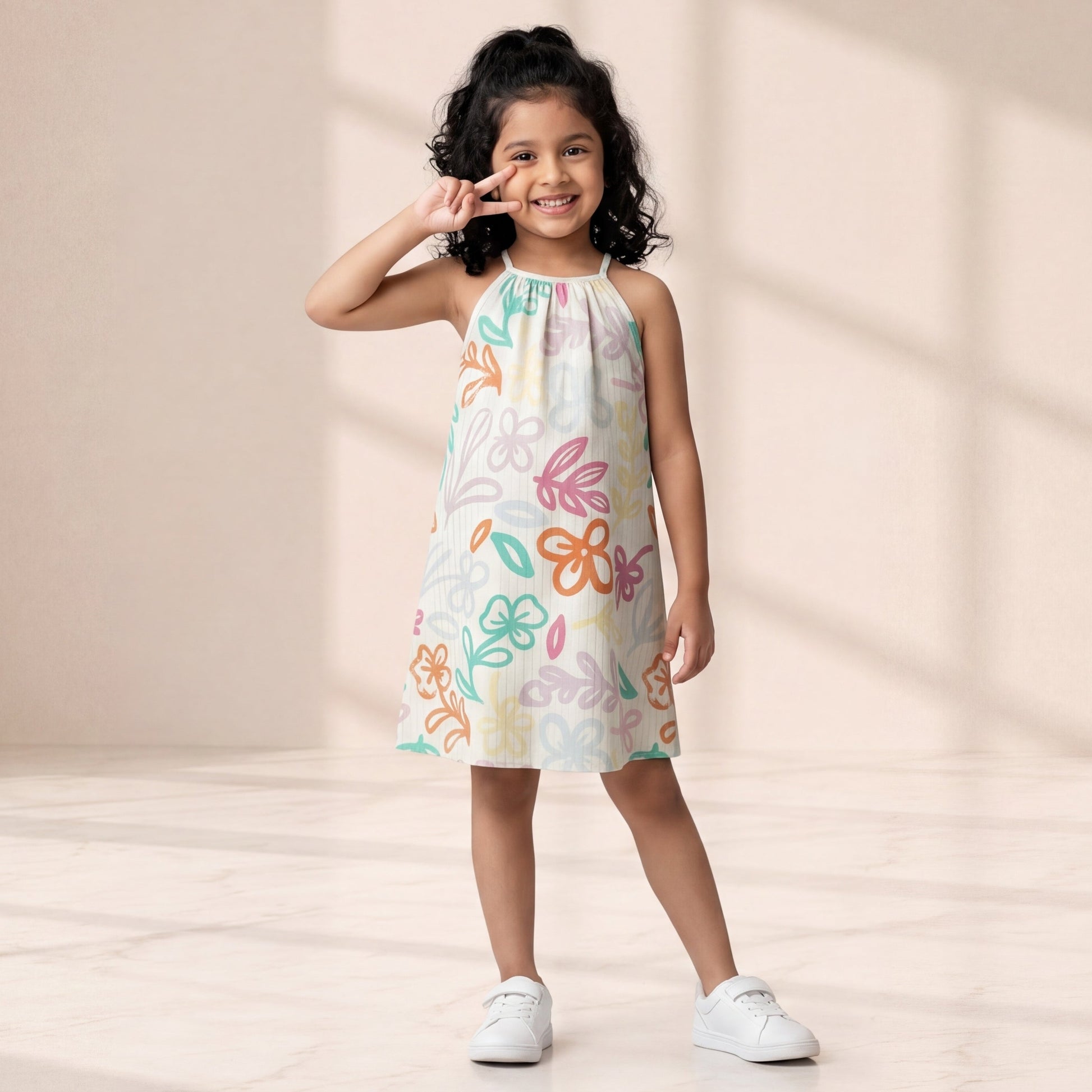 Young girl wearing a colorful dress standing in a softly lit room.
