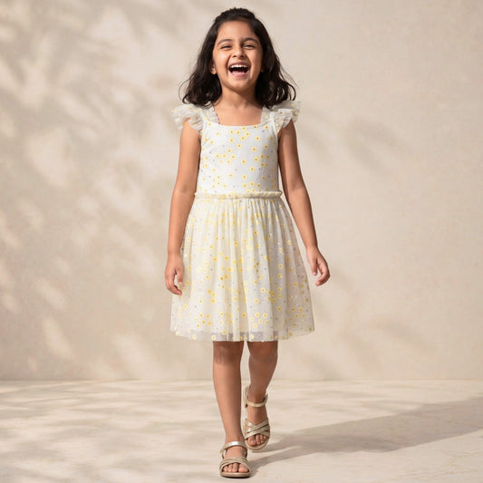 Young girl in a white dress with yellow patterns standing against a plain background