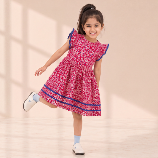 A young girl with a high ponytail is wearing a pink and white floral print dress with blue ruffle trim and blue striped borders, posing in a bright, sunlit studio with a beige background.
