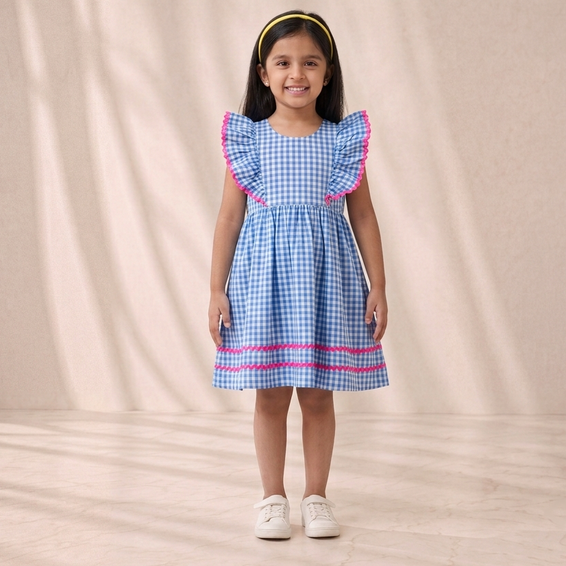 Girls' Premium Sky-Blue Gingham Ruffle Dress – Ric-Rac Trim Luxury Cotton Party Dress for Toddlers and Girls