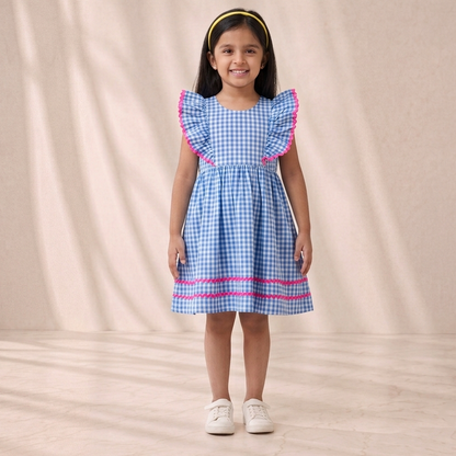 Girls' Premium Sky-Blue Gingham Ruffle Dress – Ric-Rac Trim Luxury Cotton Party Dress for Toddlers and Girls