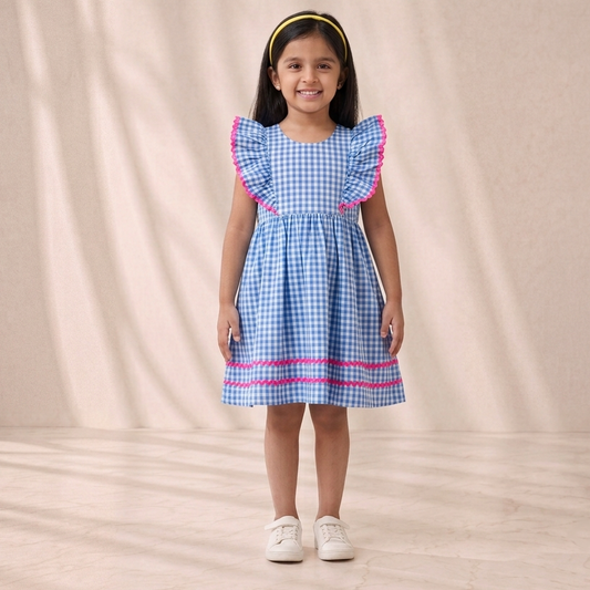 Girls' Premium Sky-Blue Gingham Ruffle Dress – Ric-Rac Trim Luxury Cotton Party Dress for Toddlers and Girls