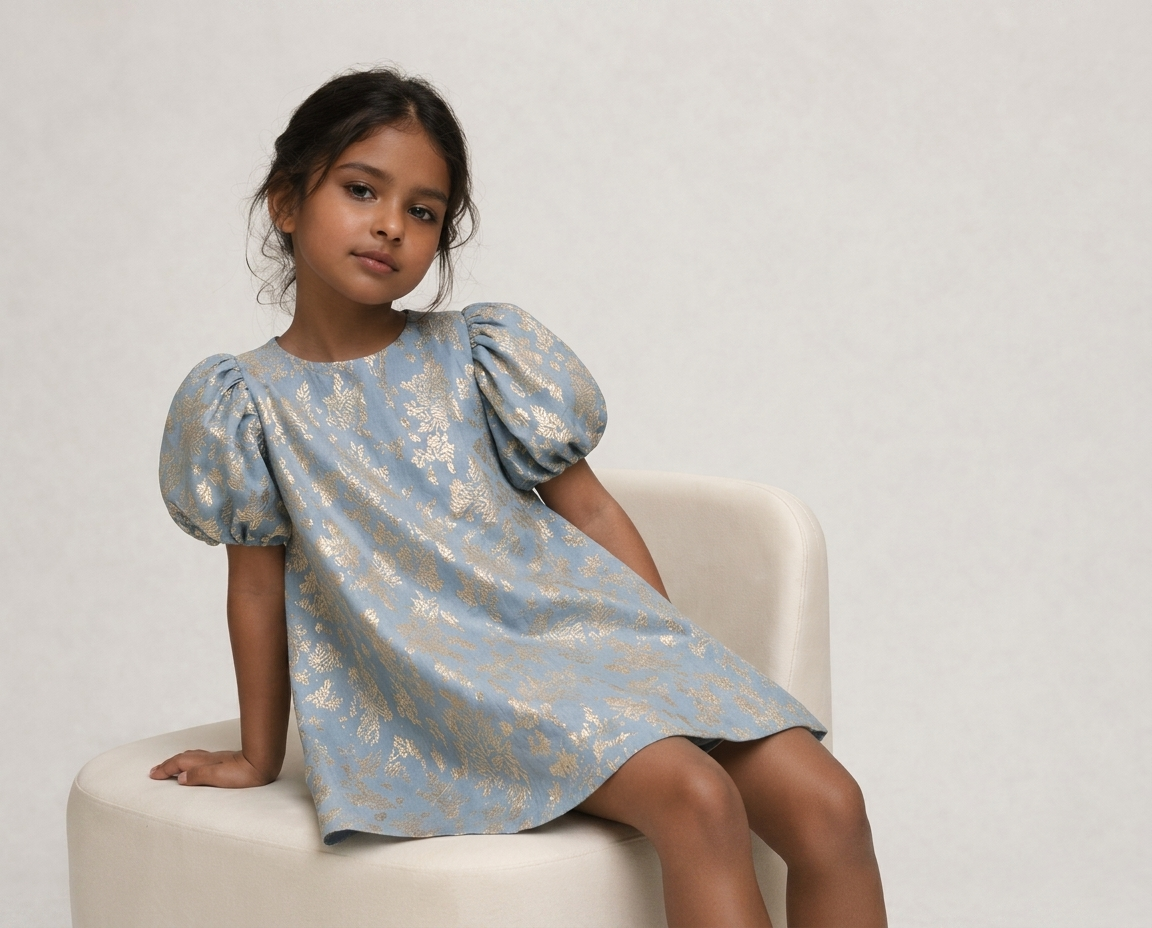 Powder Blue & Gold Brocade Puff-Sleeve Shift Dress