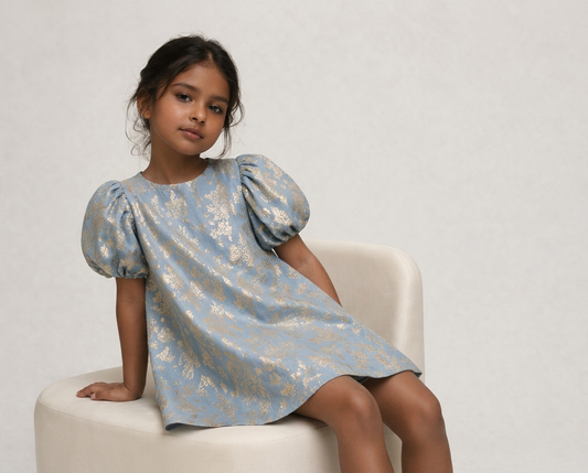 Powder Blue & Gold Brocade Puff-Sleeve Shift Dress