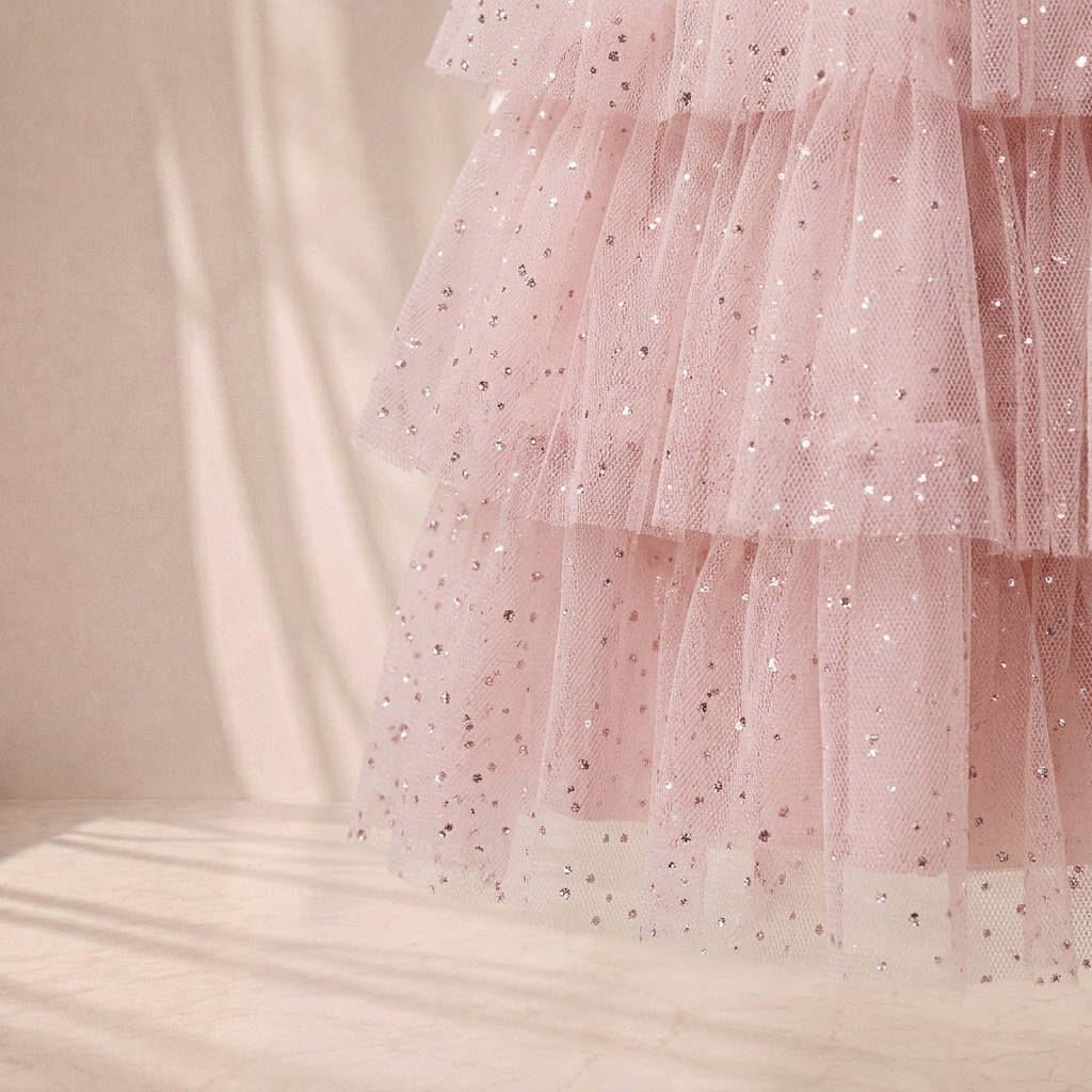 A close-up of a light pink tiered tulle skirt with scattered silver sequins, set against a warm beige background with soft shadows.