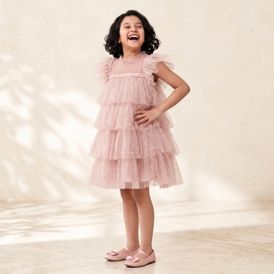 Pink Tiered Tulle Dress with Flutter Sleeve