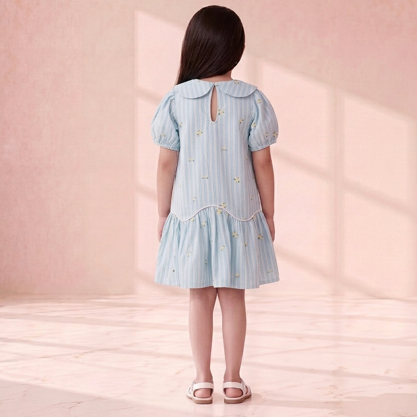 Sky-Blue Striped Peter Pan Cotton Dress