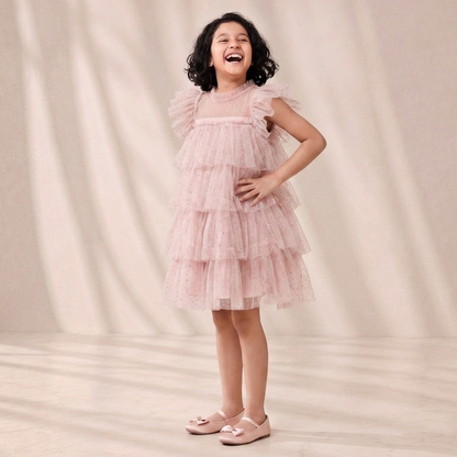 Girls' Premium Blush Pink Tiered Tulle Dress – Flutter Sleeve  Sparkle Party Dress in Soft Glitter Mesh