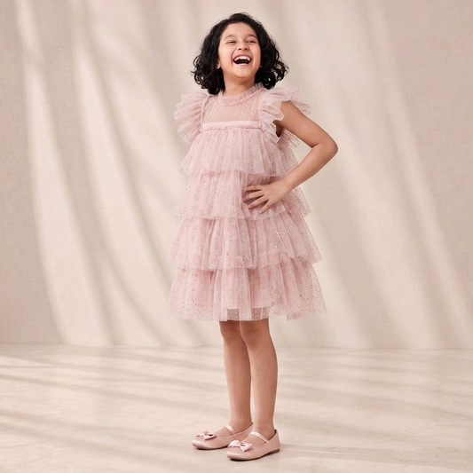 Girls' Premium Blush Pink Tiered Tulle Dress – Flutter Sleeve  Sparkle Party Dress in Soft Glitter Mesh