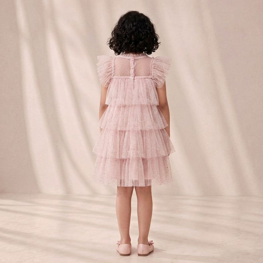 Pink Tiered Tulle Dress with Flutter Sleeve