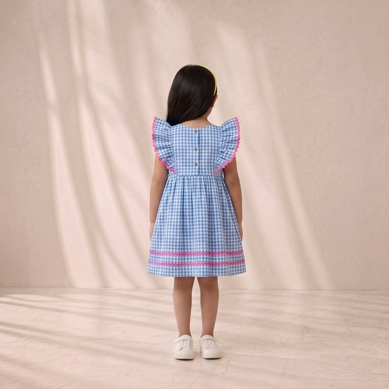 Girls' Premium Sky-Blue Gingham Ruffle Dress – Ric-Rac Trim Luxury Cotton Party Dress for Toddlers and Girls