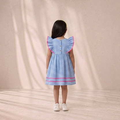 Girls' Premium Sky-Blue Gingham Ruffle Dress – Ric-Rac Trim Luxury Cotton Party Dress for Toddlers and Girls