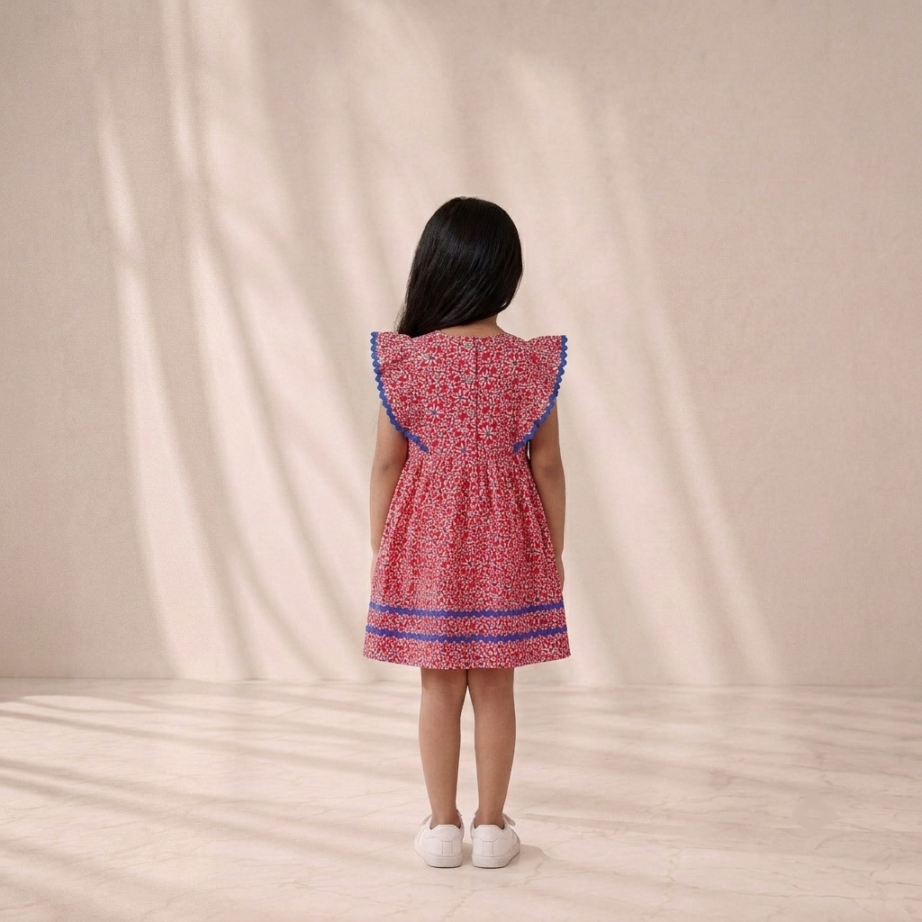 Elevate Special Moments with Our Girls’ Crimson Red Micro-Floral A-Line Dress – Contrast Ric-Rac Trim