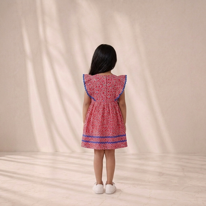 Elevate Special Moments with Our Girls’ Crimson Red Micro-Floral A-Line Dress – Contrast Ric-Rac Trim