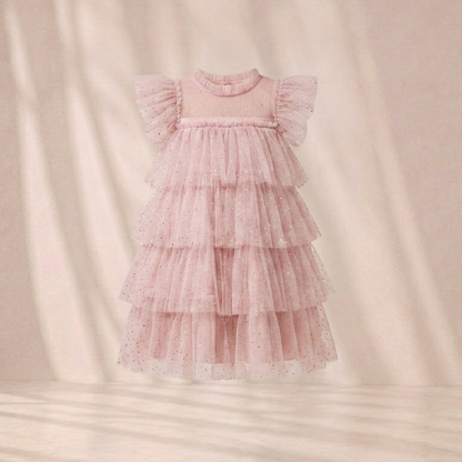 Pink Tiered Tulle Dress with Flutter Sleeve
