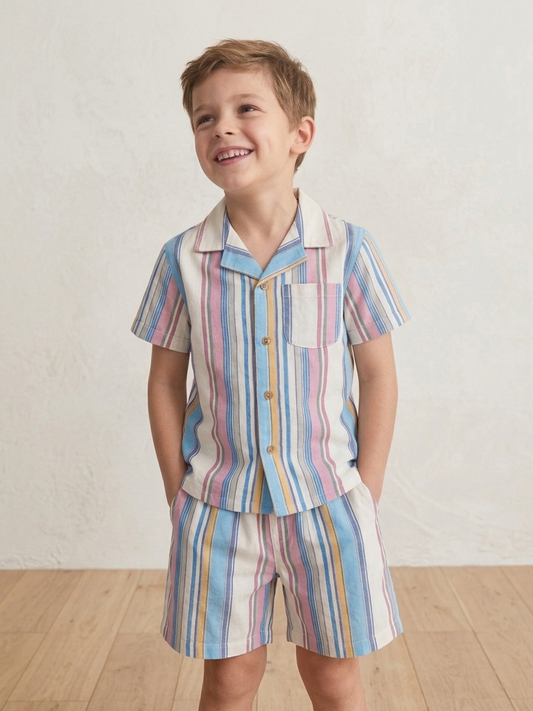 Multi Pastel Striped Cotton Shirt-Shorts Set