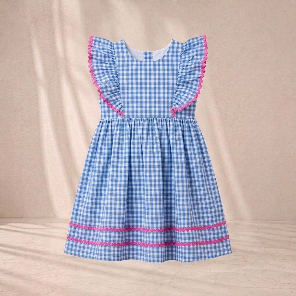 Girls' Premium Sky-Blue Gingham Ruffle Dress – Ric-Rac Trim Luxury Cotton Party Dress for Toddlers and Girls