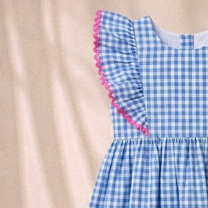 Girls' Premium Sky-Blue Gingham Ruffle Dress – Ric-Rac Trim Luxury Cotton Party Dress for Toddlers and Girls