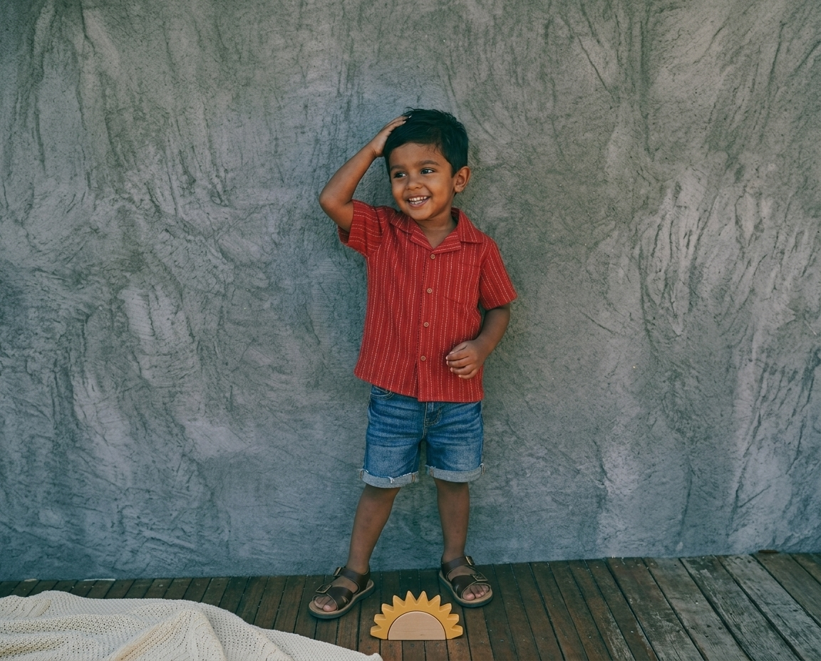 Boys' Crimson Sashiko-Stitched Camp Shirt