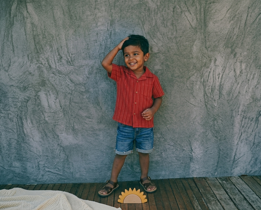 Boys' Crimson Sashiko-Stitched Camp Shirt