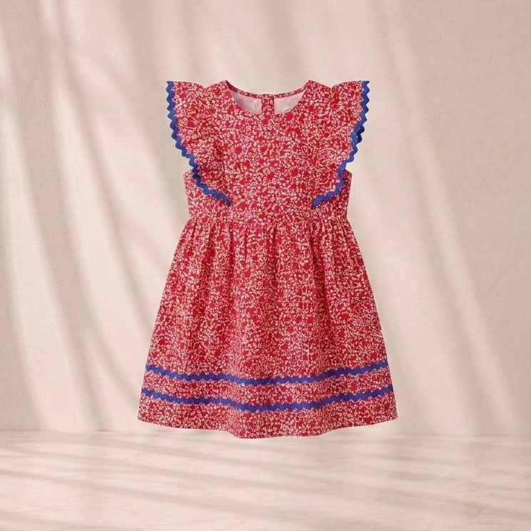 Elevate Special Moments with Our Girls’ Crimson Red Micro-Floral A-Line Dress – Contrast Ric-Rac Trim