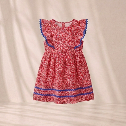 Elevate Special Moments with Our Girls’ Crimson Red Micro-Floral A-Line Dress – Contrast Ric-Rac Trim
