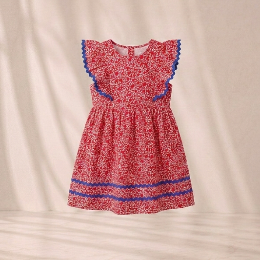 Elevate Special Moments with Our Girls’ Crimson Red Micro-Floral A-Line Dress – Contrast Ric-Rac Trim