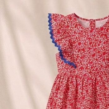 Elevate Special Moments with Our Girls’ Crimson Red Micro-Floral A-Line Dress – Contrast Ric-Rac Trim