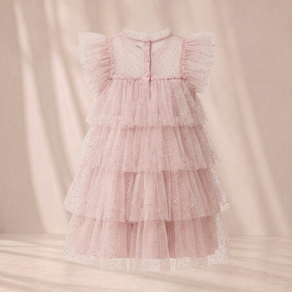 Pink Tiered Tulle Dress with Flutter Sleeve