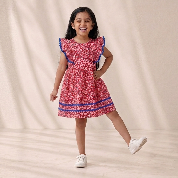 Girls’ Crimson Red Micro-Floral A-Line Dress – Contrast Ric-Rac Trim
