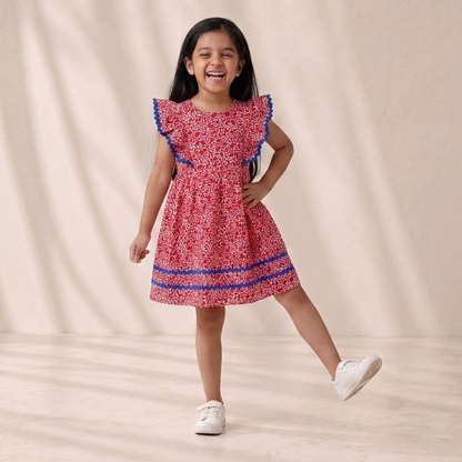 Girls’ Crimson Red Micro-Floral A-Line Dress – Contrast Ric-Rac Trim