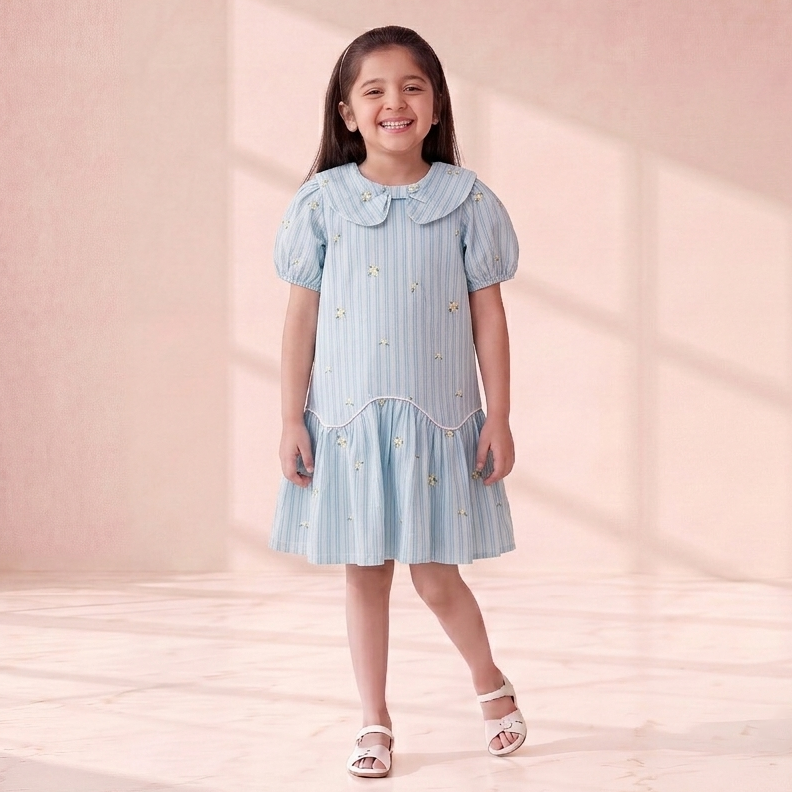 Sky-Blue Striped Peter Pan Cotton Dress