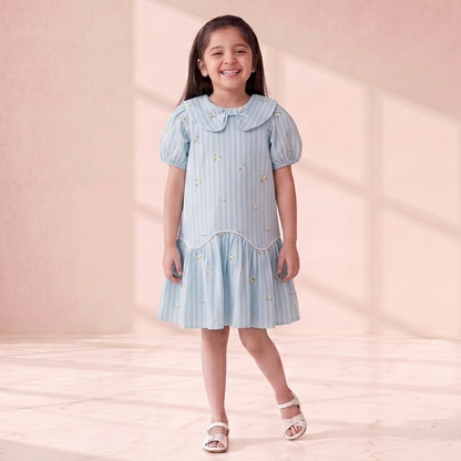 Sky-Blue Striped Peter Pan Cotton Dress