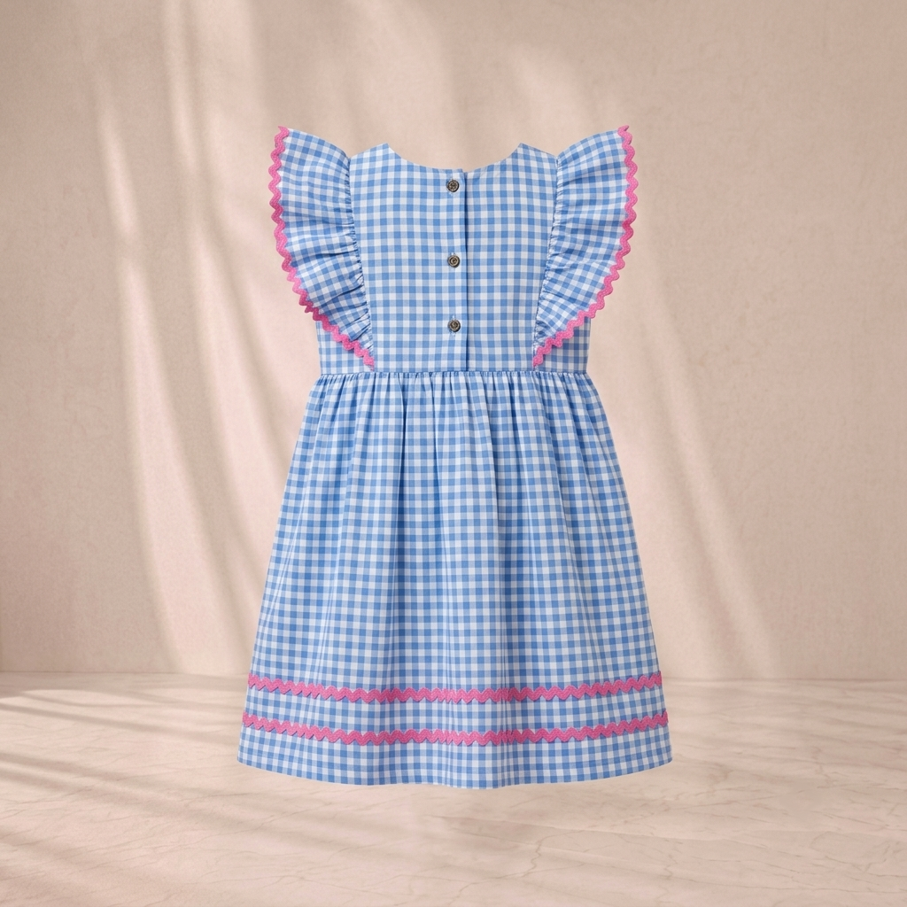 Girls' Premium Sky-Blue Gingham Ruffle Dress – Ric-Rac Trim Luxury Cotton Party Dress for Toddlers and Girls