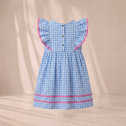 Girls' Premium Sky-Blue Gingham Ruffle Dress – Ric-Rac Trim Luxury Cotton Party Dress for Toddlers and Girls