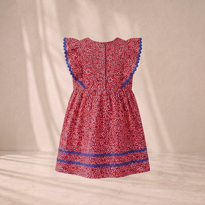 Elevate Special Moments with Our Girls’ Crimson Red Micro-Floral A-Line Dress – Contrast Ric-Rac Trim