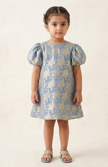 Powder Blue & Gold Brocade Puff-Sleeve Shift Dress