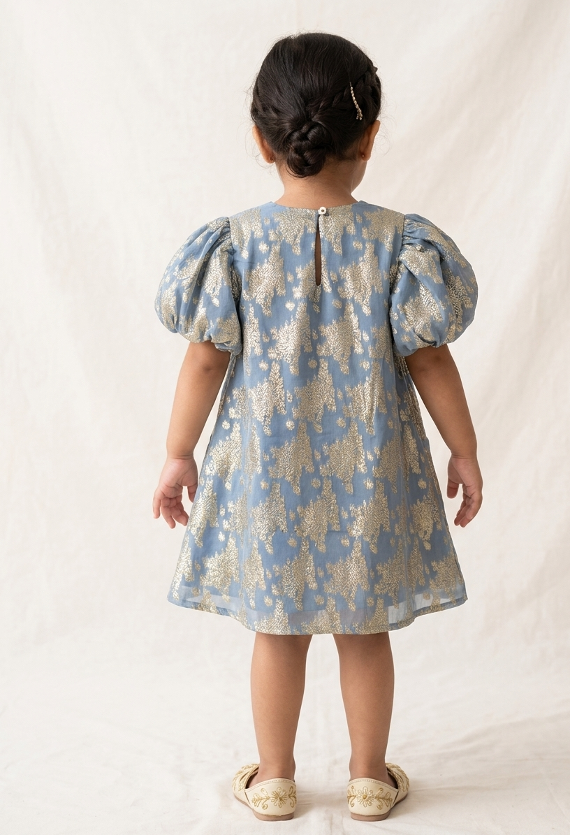 Powder Blue & Gold Brocade Puff-Sleeve Shift Dress