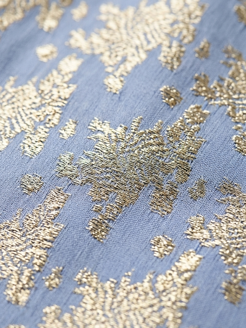 Powder Blue & Gold Brocade Puff-Sleeve Shift Dress