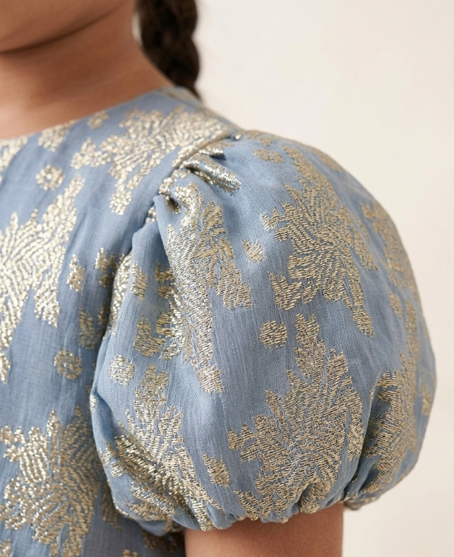 Powder Blue & Gold Brocade Puff-Sleeve Shift Dress