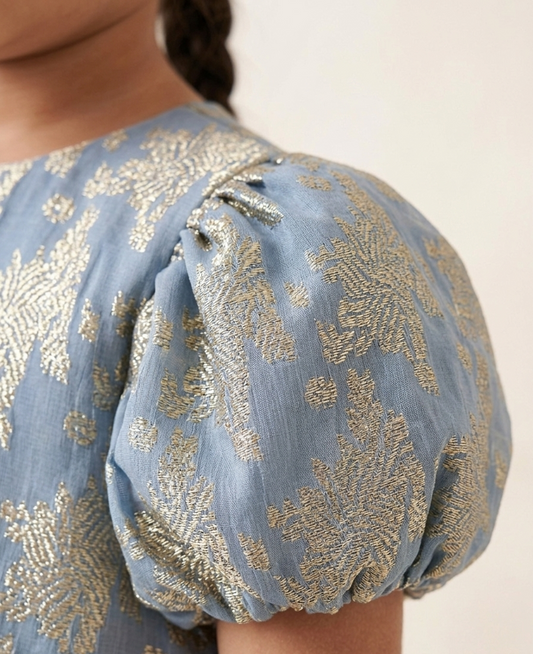 Powder Blue & Gold Brocade Puff-Sleeve Shift Dress